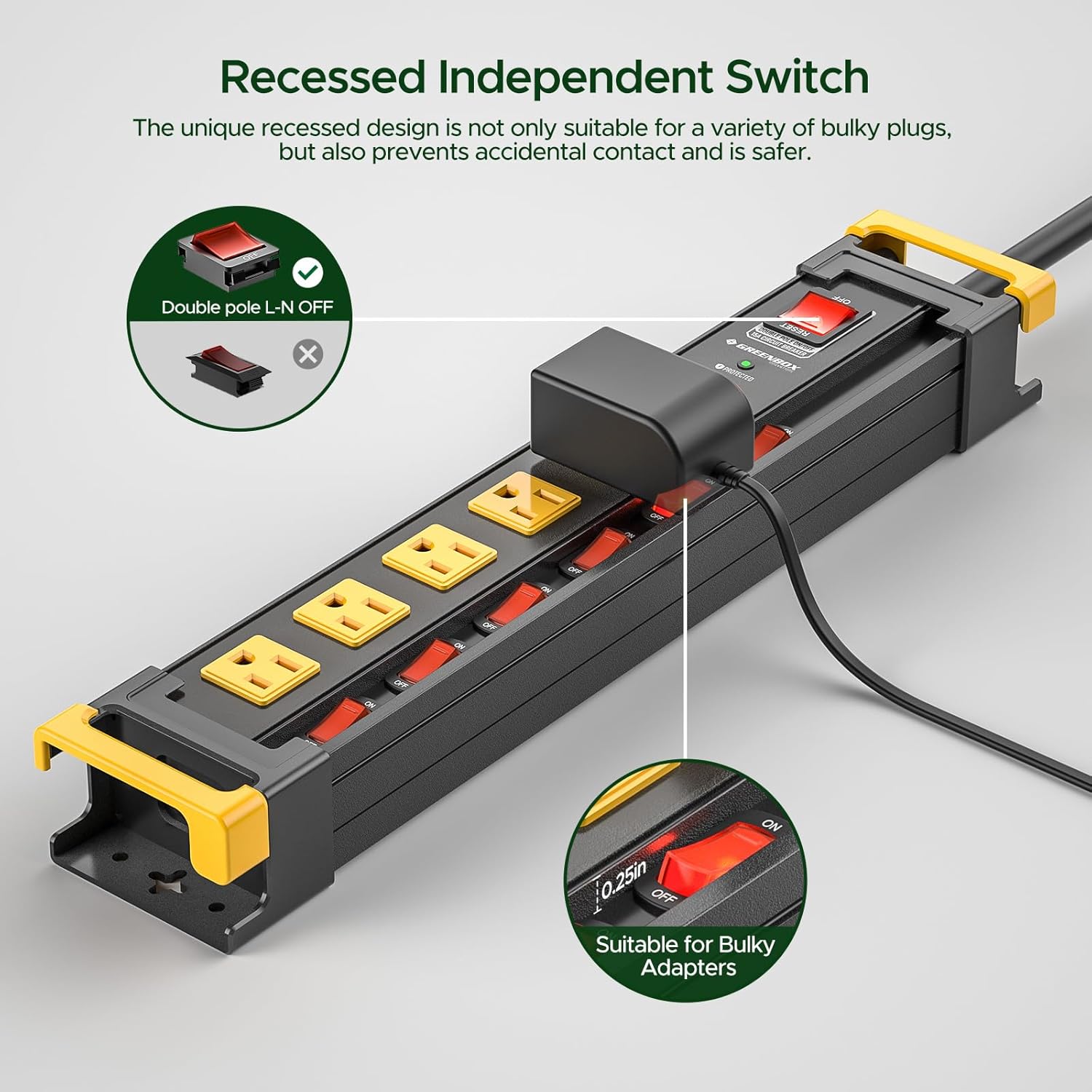 GREENBOX Mountable Heavy Duty Metal Power Strip, Multi-Outlet (6-12), Recessed Individual Switches, 3300J Surge Protector,Integrated Cable/Card Holder, 6FT Flat Plug Cord, ETL Listed