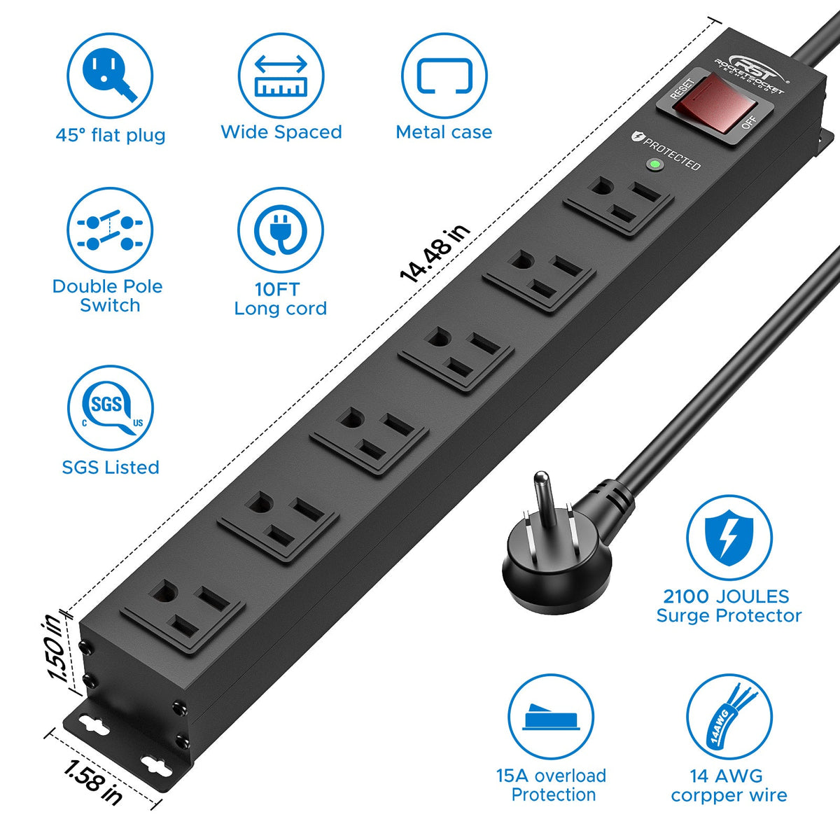 CRST 6-Outlet Slim Mountable Metal Power Strip | Dual-Pole Switch, 2100J Surge Protector, Wide-Spaced Outlets, 10ft