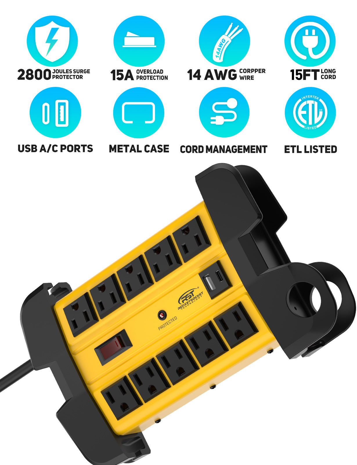 CRST 10-Outlet Metal Power Strip Surge Protector, 2800 Joules, 6FT/15FT Heavy Duty power Cord, USB-C & USB-A Ports, Cord Wrap Management, Wall Mountable Design