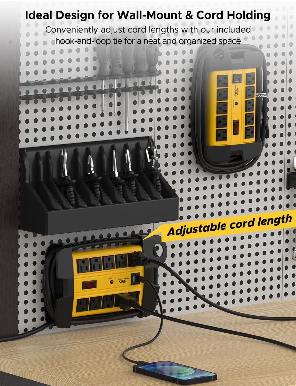 CRST 10-Outlet Metal Power Strip Surge Protector, 2800 Joules, 6FT/15FT Heavy Duty power Cord, USB-C & USB-A Ports, Cord Wrap Management, Wall Mountable Design