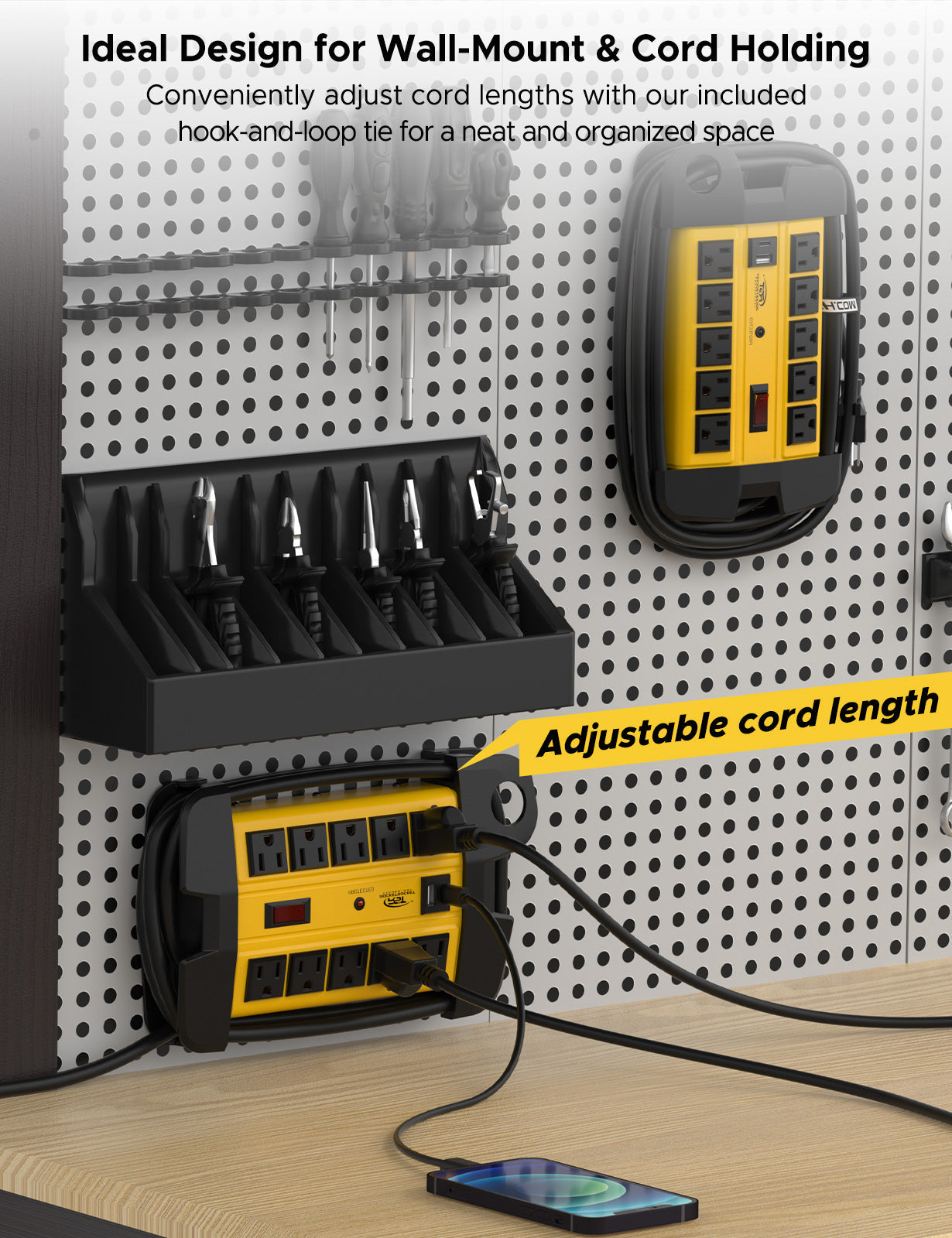 CRST 10-Outlet Metal Power Strip Surge Protector, 2800 Joules, 6FT/15FT Heavy Duty power Cord, USB-C & USB-A Ports, Cord Wrap Management, Wall Mountable Design