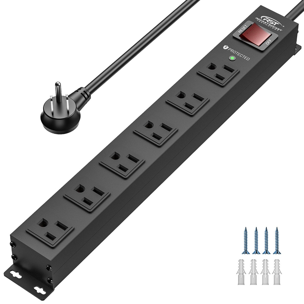CRST 6-Outlet Slim Mountable Metal Power Strip | Dual-Pole Switch, 2100J Surge Protector, Wide-Spaced Outlets, 10ft