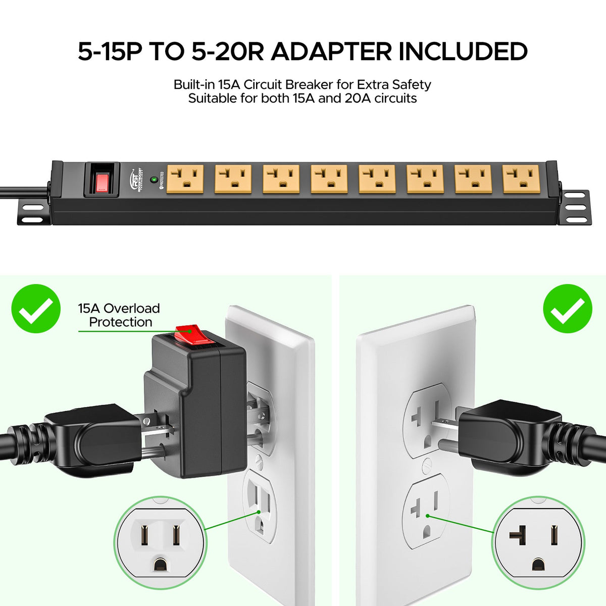 ETL Listed 20A Heavy Duty Power Strip | 8-Outlet Metal Surge Protector with Wall & Rack Mount
