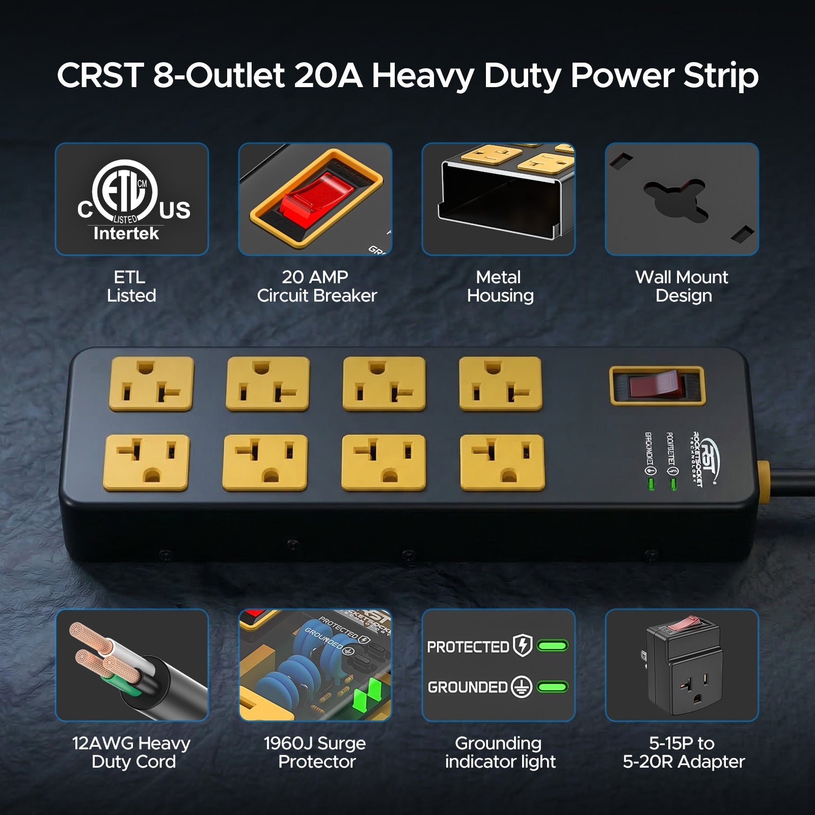 ETL Listed 20A Heavy Duty Metal Power Strip – 8-Outlet, 1960J Surge Protector, 12AWG 6FT Cord