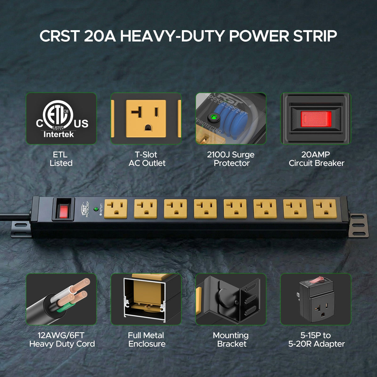 ETL Listed 20A Heavy Duty Power Strip | 8-Outlet Metal Surge Protector with Wall & Rack Mount