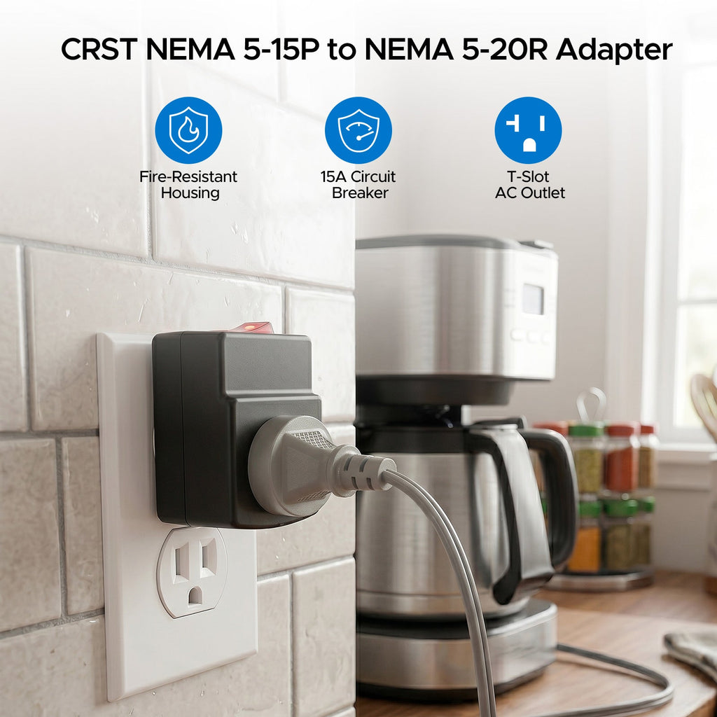 ETL Listed 15 to 20 Amp Adapter Plug with Built-In 15A Circuit Breaker | NEMA 5-15P to 5-20R
