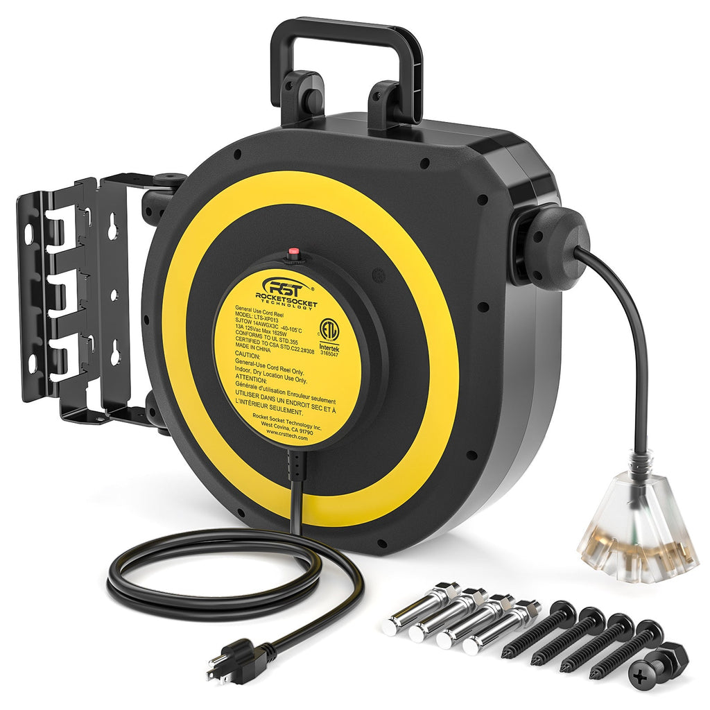 CRST 14AWG 50FT Retractable Cord Reel, Lighted Triple Tap, 13A Circuit Breaker, 180° Swivel, Auto Retraction, UL Listed, 36-Month Warranty