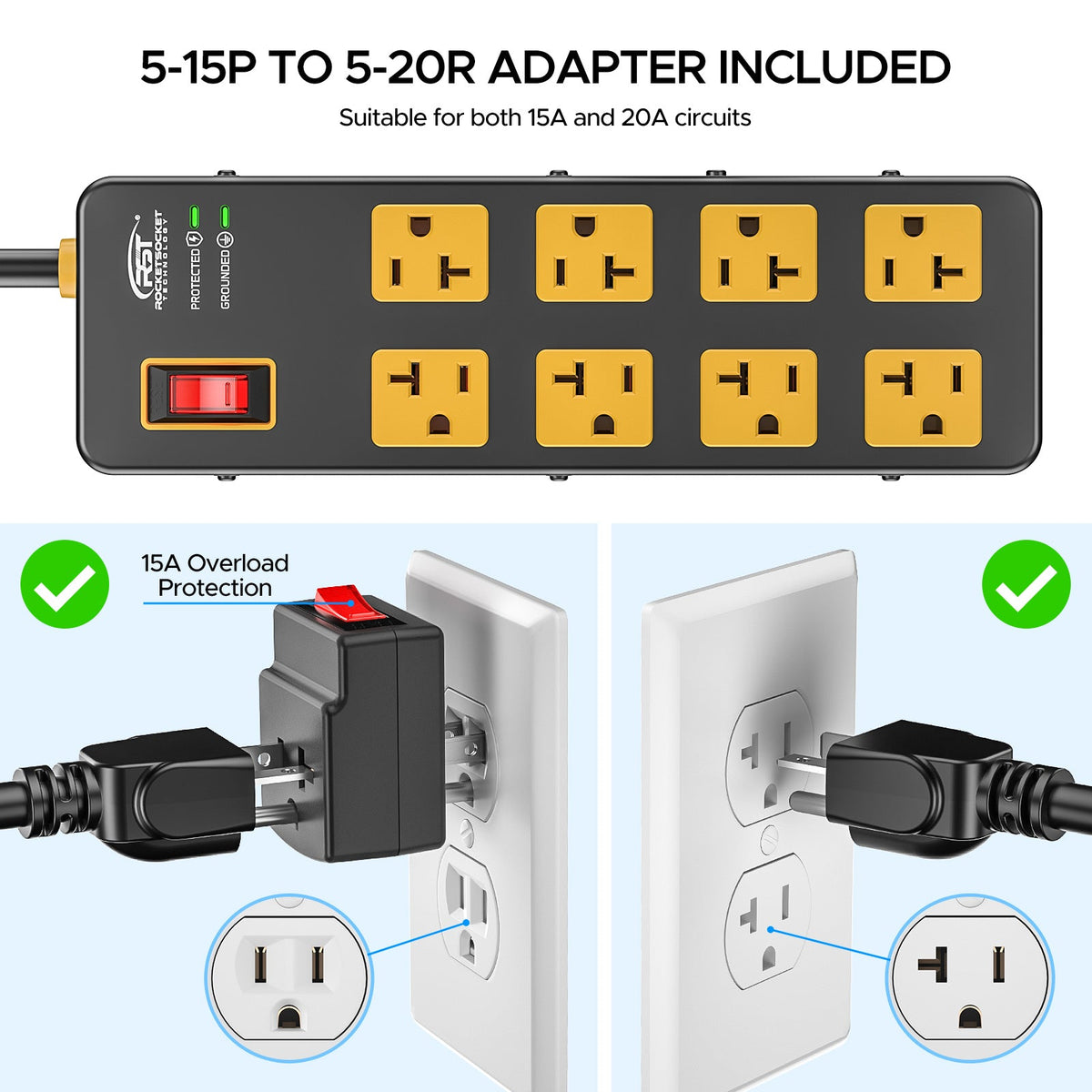 ETL Listed 20A Heavy Duty Metal Power Strip – 8-Outlet, 1960J Surge Protector, 12AWG 6FT Cord