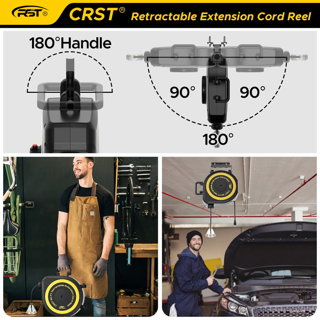 CRST 14AWG 50FT Retractable Cord Reel, Lighted Triple Tap, 13A Circuit Breaker, 180° Swivel, Auto Retraction, UL Listed, 36-Month Warranty