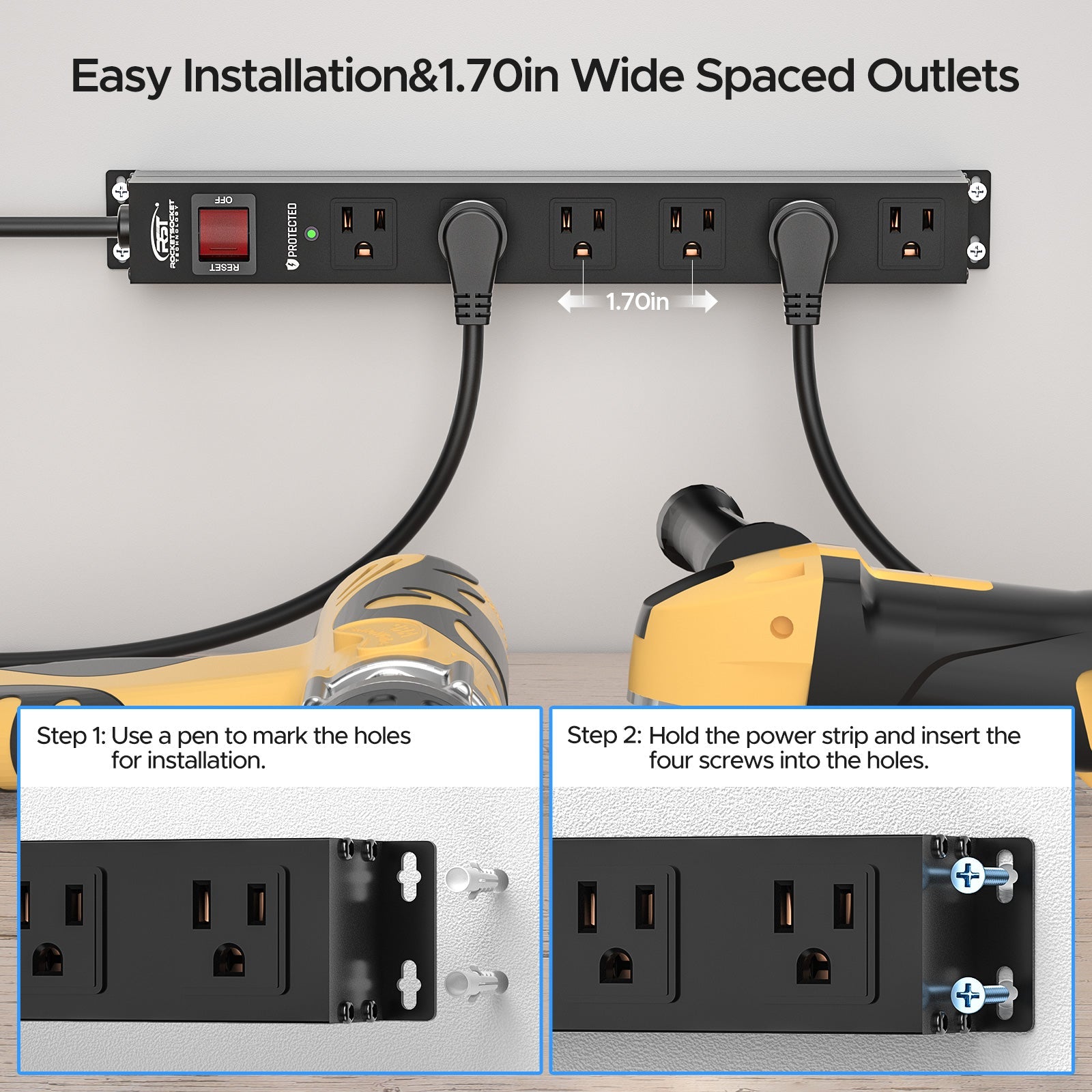 CRST 6-Outlet Slim Mountable Metal Power Strip | Dual-Pole Switch, 2100J Surge Protector, Wide-Spaced Outlets, 10ft