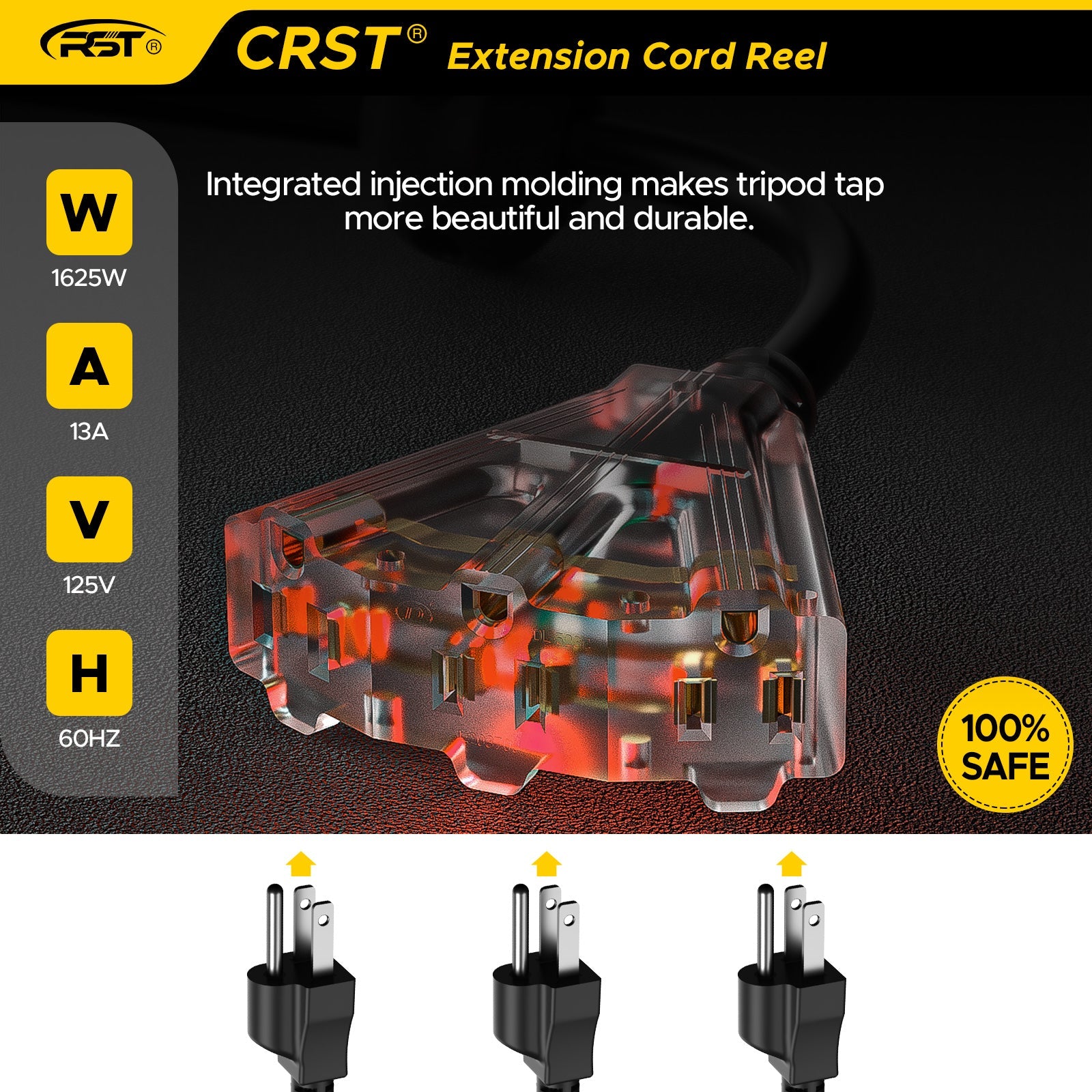 CRST 14AWG 50FT Retractable Cord Reel, Lighted Triple Tap, 13A Circuit Breaker, 180° Swivel, Auto Retraction, UL Listed, 36-Month Warranty