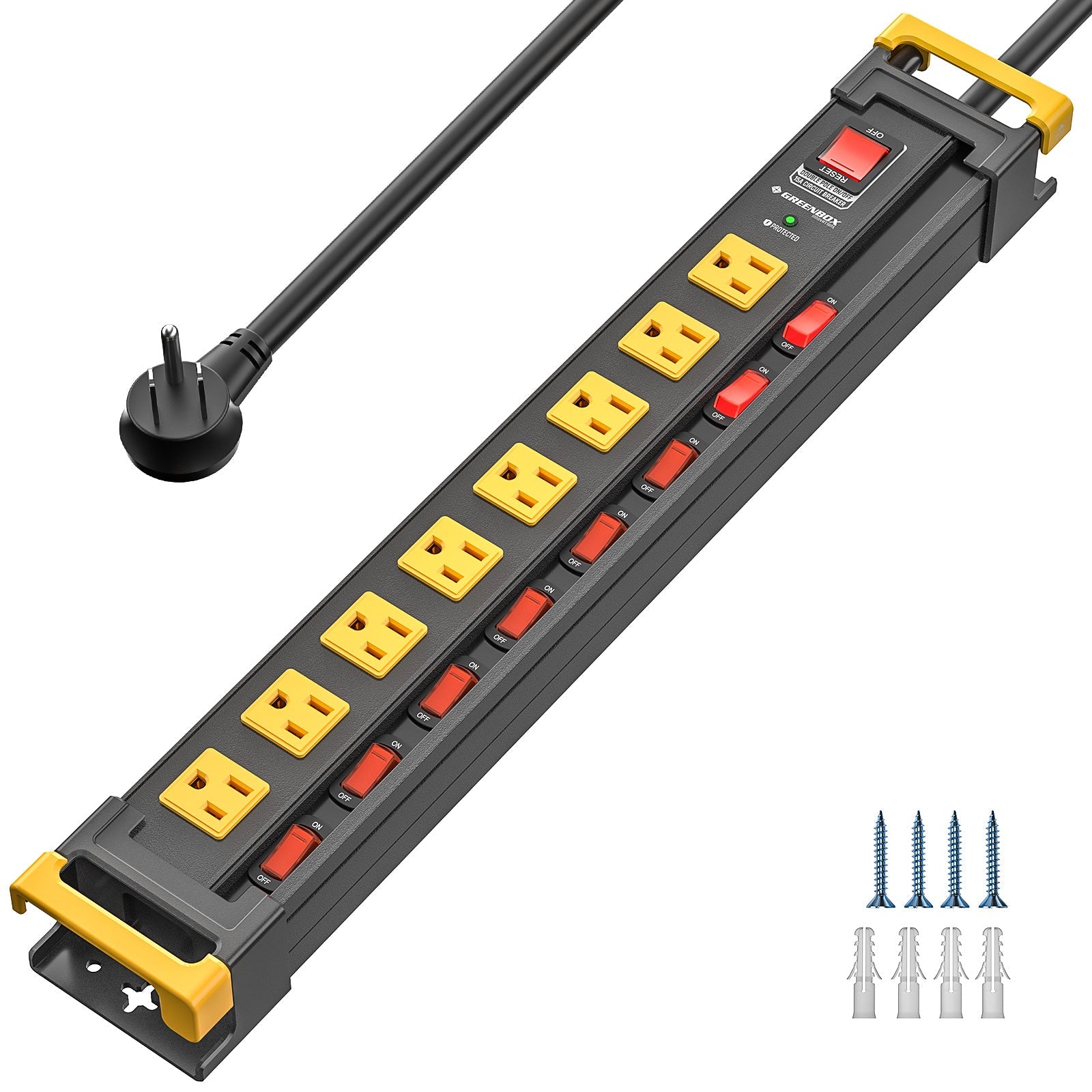GREENBOX Mountable Heavy Duty Metal Power Strip, Multi-Outlet (6-12), Recessed Individual Switches, 3300J Surge Protector,Integrated Cable/Card Holder, 6FT Flat Plug Cord, ETL Listed