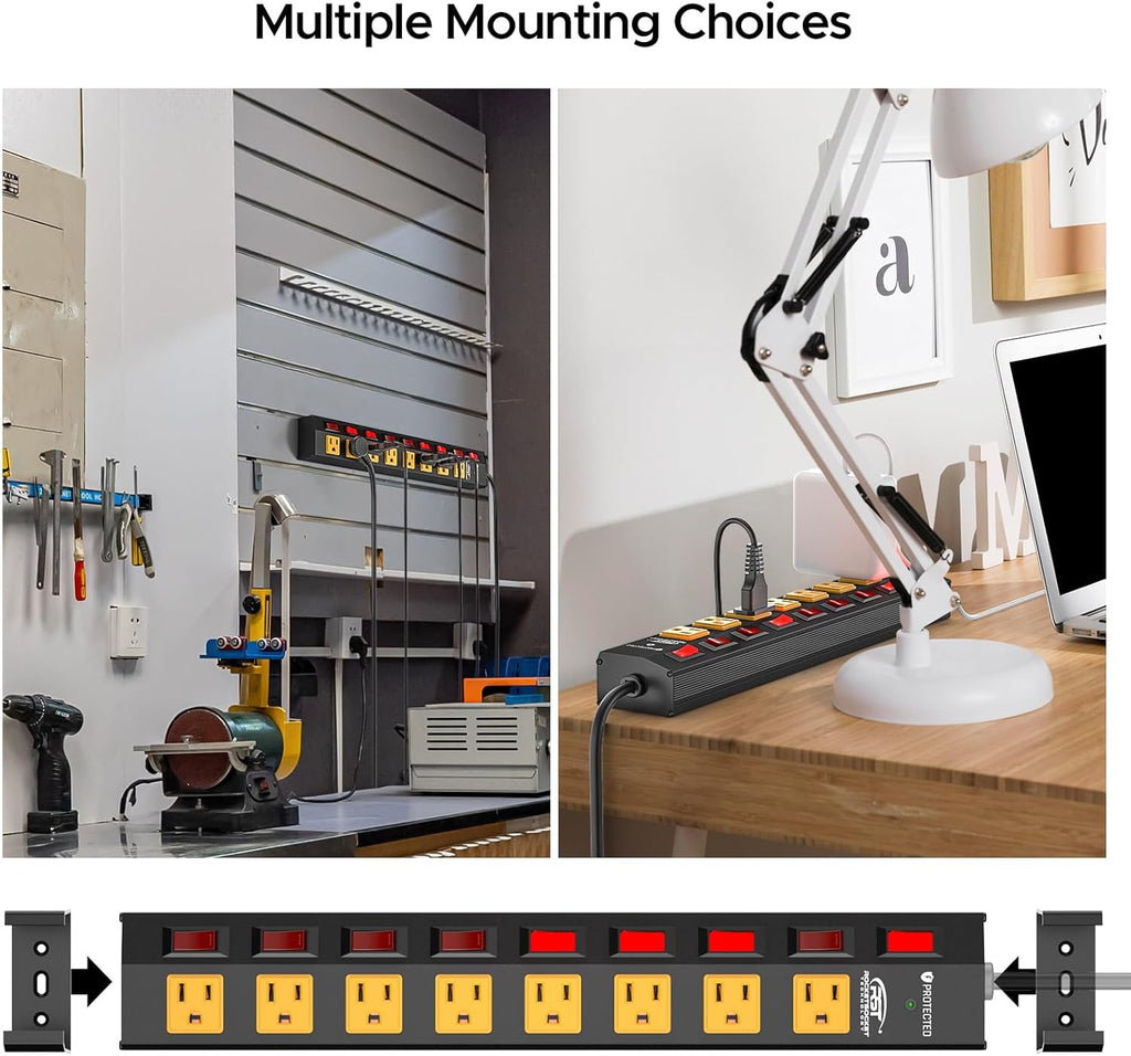 CRST 8-Outlet Metal Power Strip Surge Protector with Individual Switches, 1200 Joules, 6ft Heavy Duty Power Cord, Industrial Wall Mountable Power Bar for Workshop & Garage