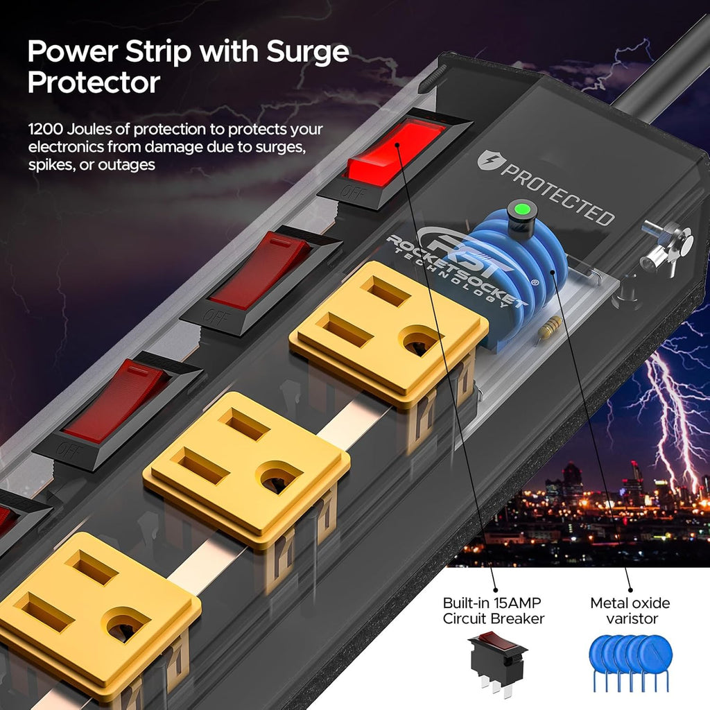 CRST 8-Outlet Metal Power Strip Surge Protector with Individual Switches, 1200 Joules, 6ft Heavy Duty Power Cord, Industrial Wall Mountable Power Bar for Workshop & Garage