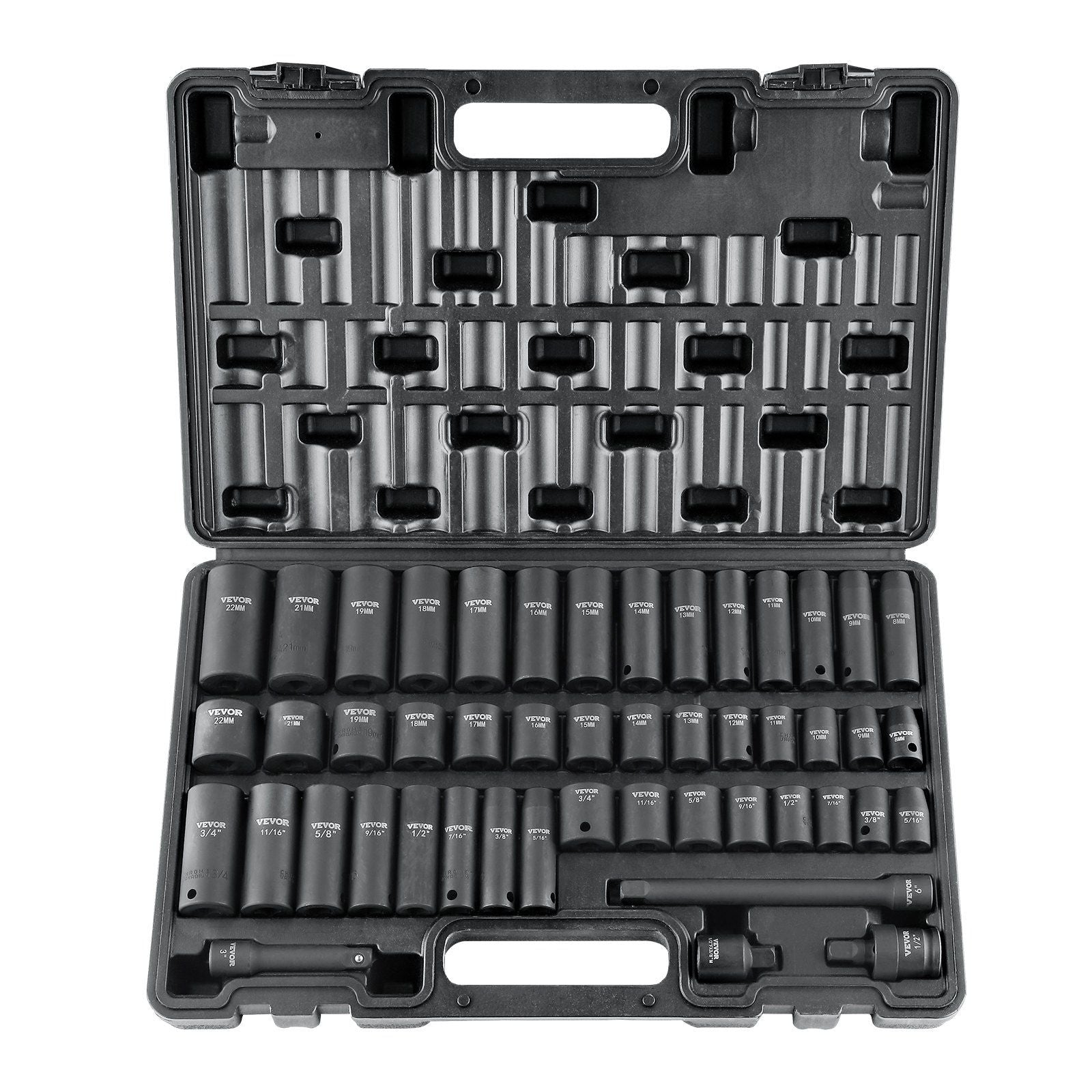 3/8" Drive Impact Socket Set, 48 Piece Socket Set SAE (5/16" -3/4") & Metric (8-22mm)6 Point Cr-V Drive Extension Bar Universal Joint & Power Drill Adapter Includes Storage Case