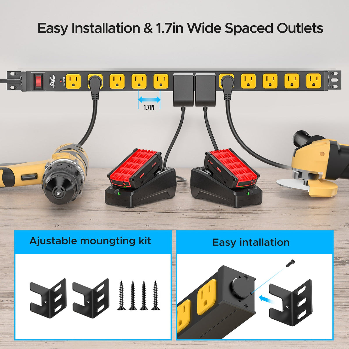 CRST 12-Outlet Mountable Metal Power Strip | 4-Way Bracket Mount, 2100J Surge Protector, Wide-Spaced Outlets, ETL Listed