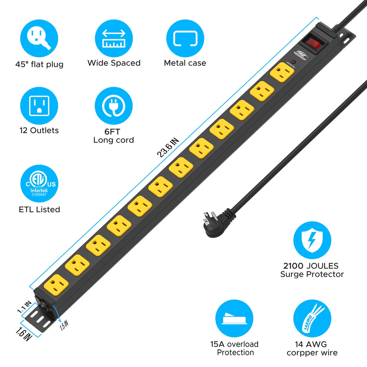 CRST 12-Outlet Mountable Metal Power Strip | 4-Way Bracket Mount, 2100J Surge Protector, Wide-Spaced Outlets, ETL Listed