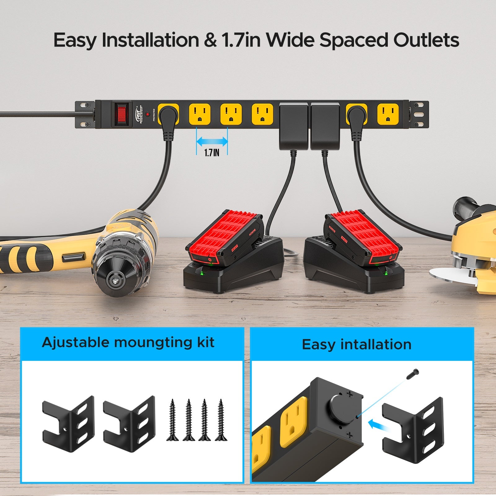 CRST Mountable Long Power Strip, 8 Outlets or 12 outlets 2100 Joules Surge Protector, Slim Metal Power Bar with 6FT Extension Cord, ETL Listed.