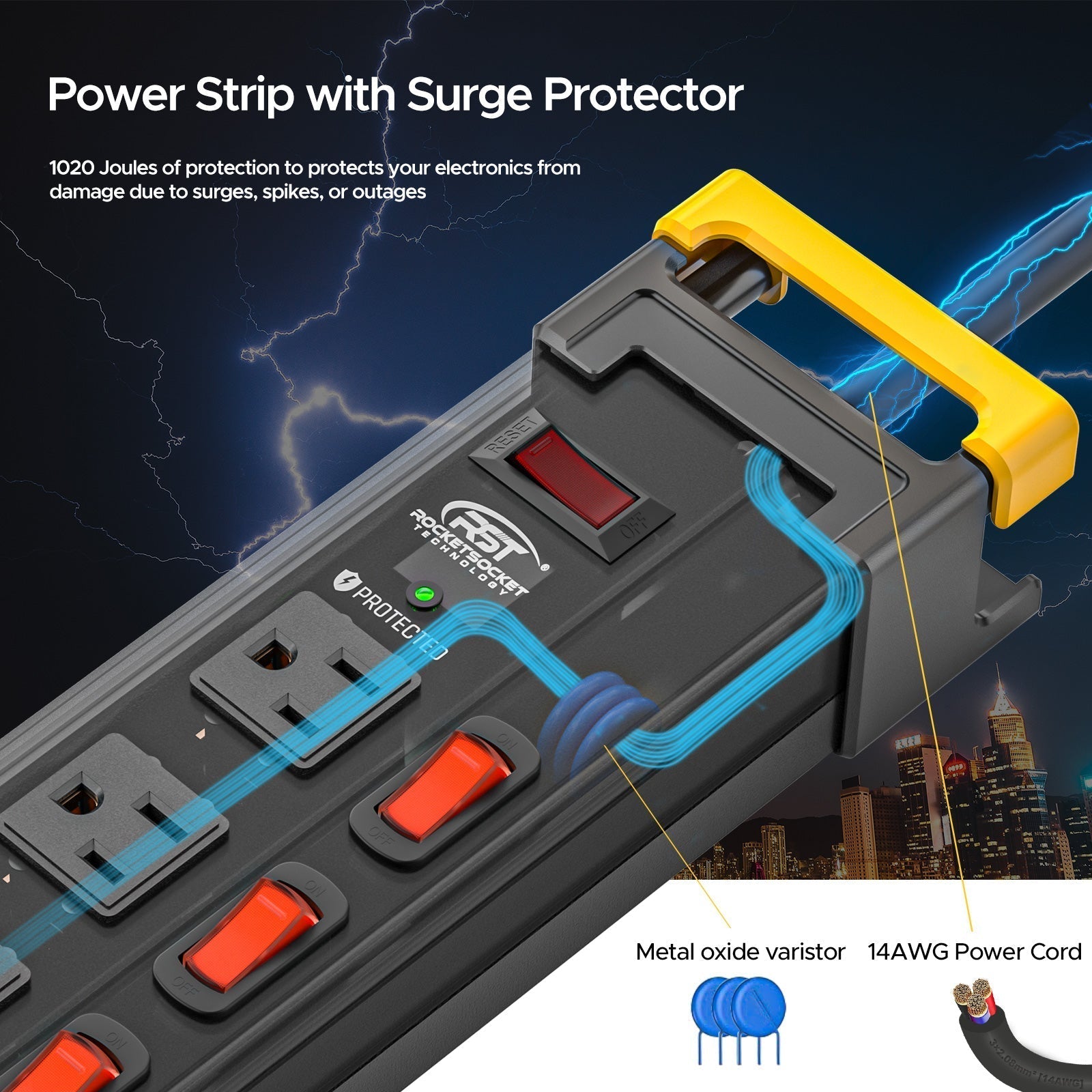 CRST 12-Outlet Metal Power Strip Surge Protector with Individual Switches, 1020 Joules, 9ft Heavy Duty 14AWG Cord, Dual Adjustable Cord Managers, Industrial Wall Mountable Power Bar for Workshop & Garage