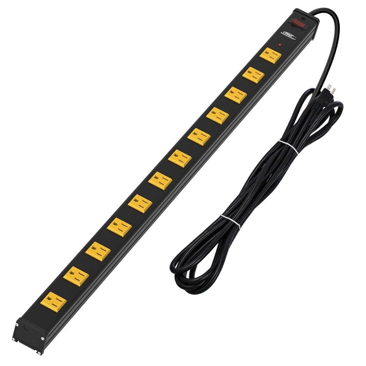 CRST 12-Outlet Metal Power Strip Surge Protector, 1800 Joules, 2.6" Ultra-Wide Spaced Outlets for Large Adapters, 15ft Heavy Duty Cord, Industrial Mountable Design