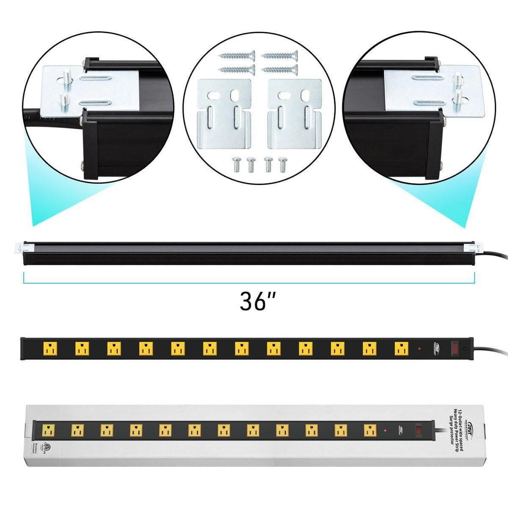 CRST 12-Outlet Metal Power Strip Surge Protector, 1800 Joules, 2.6" Ultra-Wide Spaced Outlets for Large Adapters, 15ft Heavy Duty Cord, Industrial Mountable Design